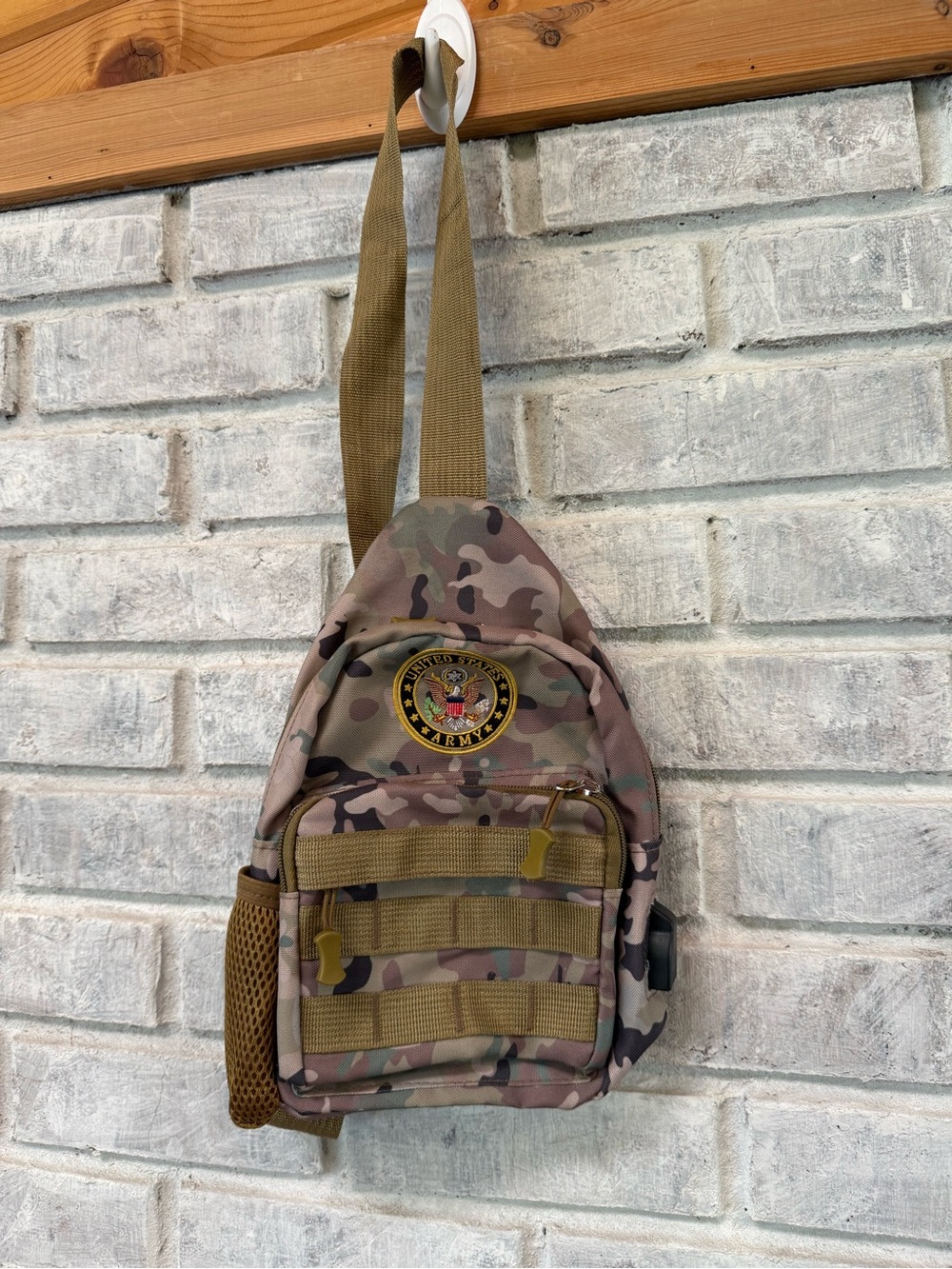 Camouflage Sling Pack with Army Patch - Brown Camo